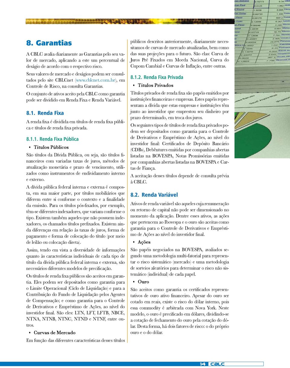 O conjunto de ativos aceito pela CBLC como garantia pode ser dividido em Renda Fixa e Renda Variável. 8.1.