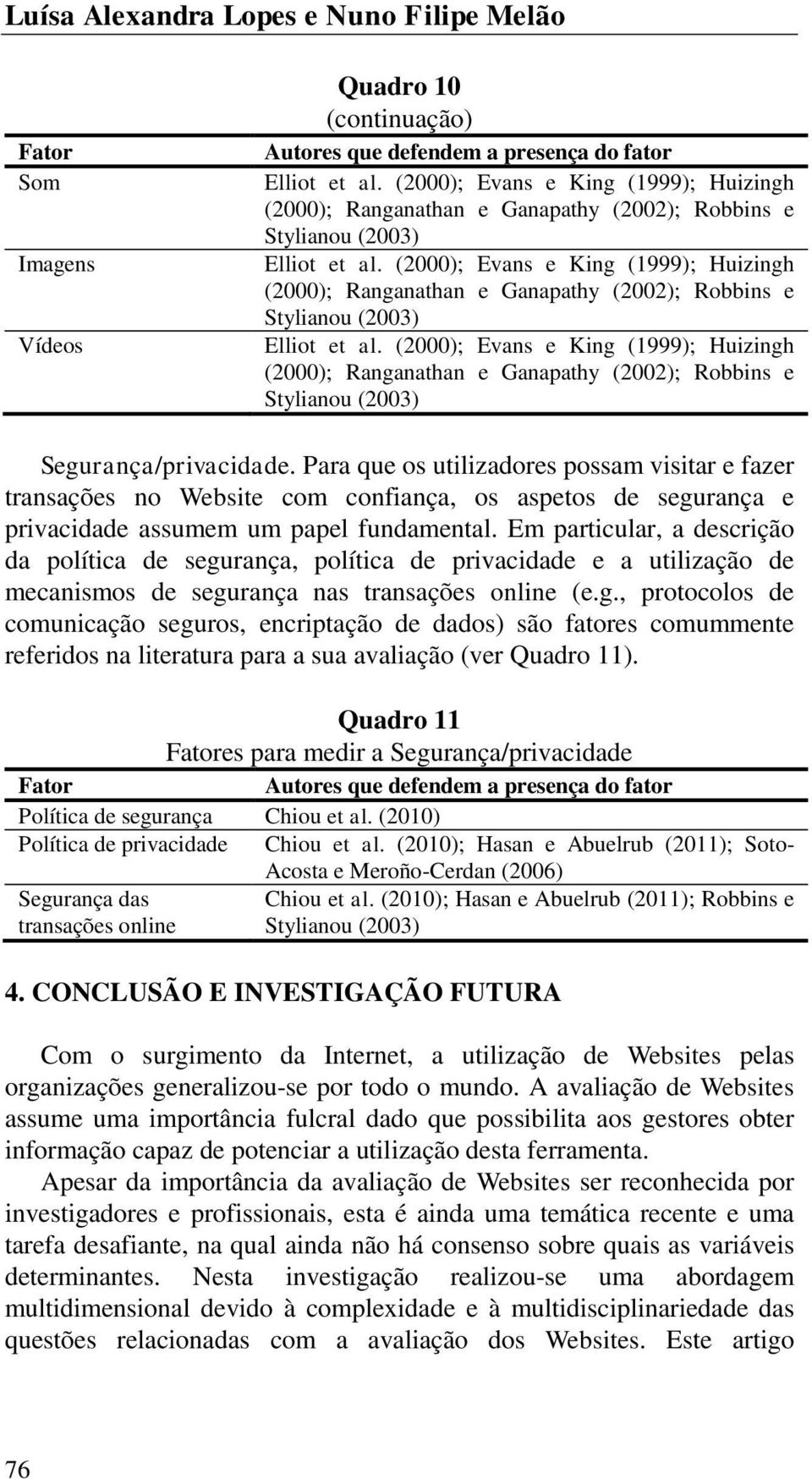 (2000); Evans e King (1999); Huizingh (2000); Ranganathan e Ganapathy (2002); Robbins e Stylianou (2003) Segurança/privacidade.