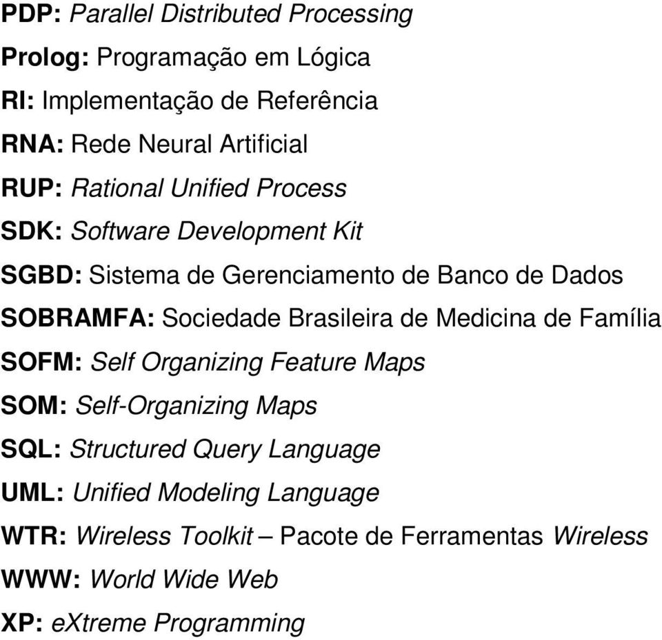 Sociedade Brasileira de Medicina de Família SOFM: Self Organizing Feature Maps SOM: Self-Organizing Maps SQL: Structured Query