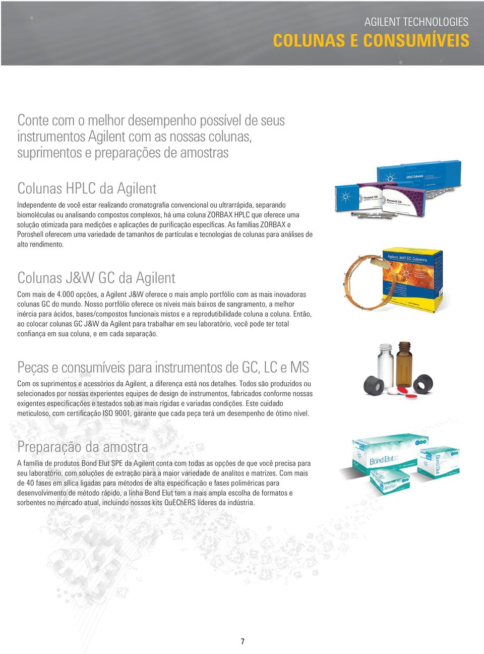 aplicações de purifi cação específi cas. As famílias ZORBAX e Poroshell oferecem uma variedade de tamanhos de partículas e tecnologias de colunas para análises de alto rendimento.