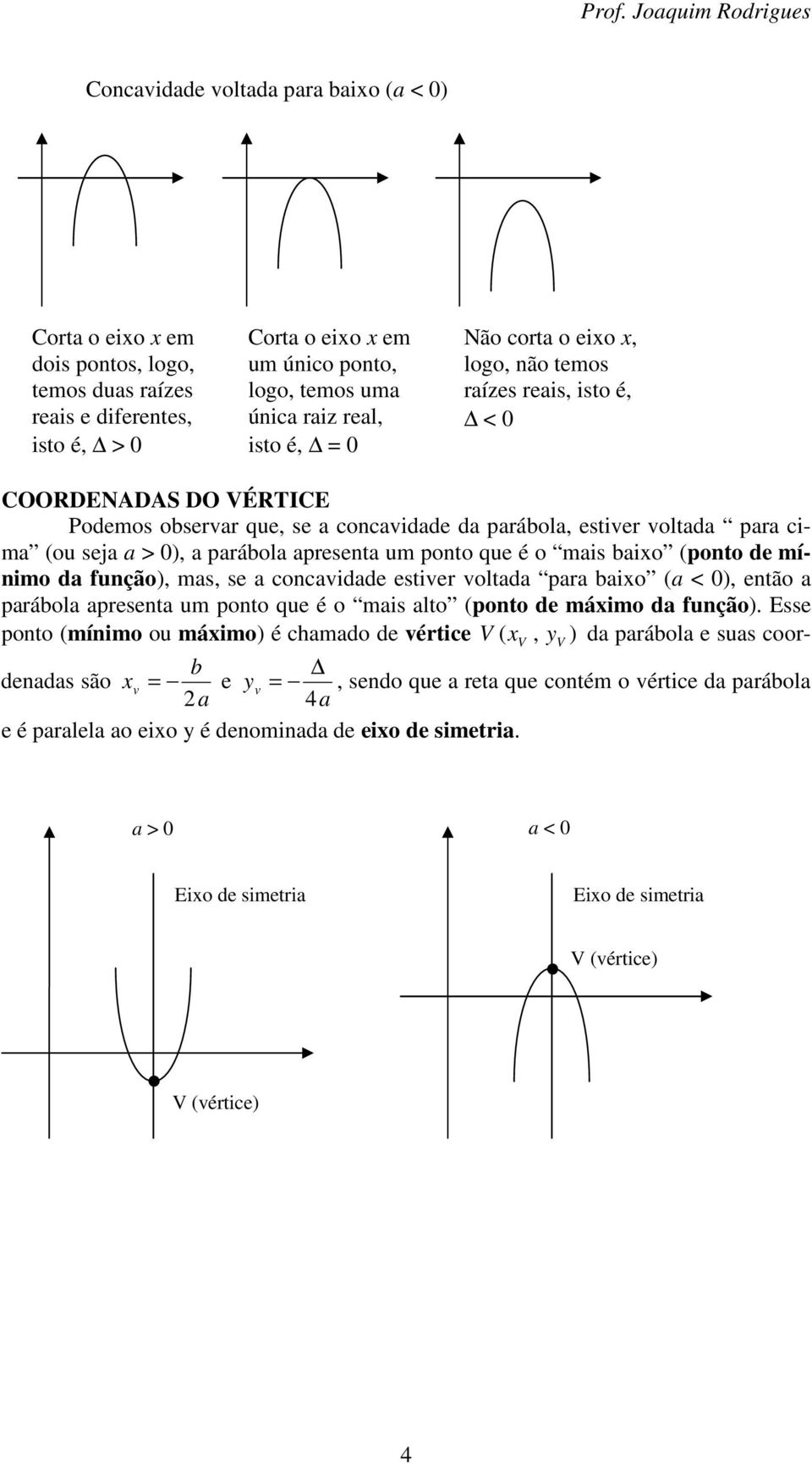 apresenta um ponto que é o mais baio (ponto de mínimo da função), mas, se a concavidade estiver voltada para baio (a < 0), então a parábola apresenta um ponto que é o mais alto (ponto de máimo da