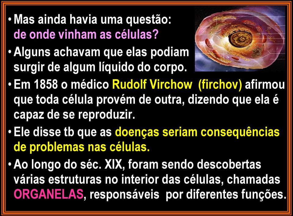 Em 1858 o médico Rudolf Virchow (firchov) afirmou que toda célula provém de outra, dizendo que ela é capaz de se