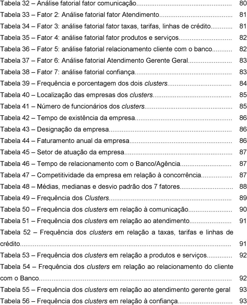 .. 82 Tabela 37 Fator 6: Análise fatorial Atendimento Gerente Geral... 83 Tabela 38 Fator 7: análise fatorial confiança... 83 Tabela 39 Frequência e porcentagem dos dois clusters.