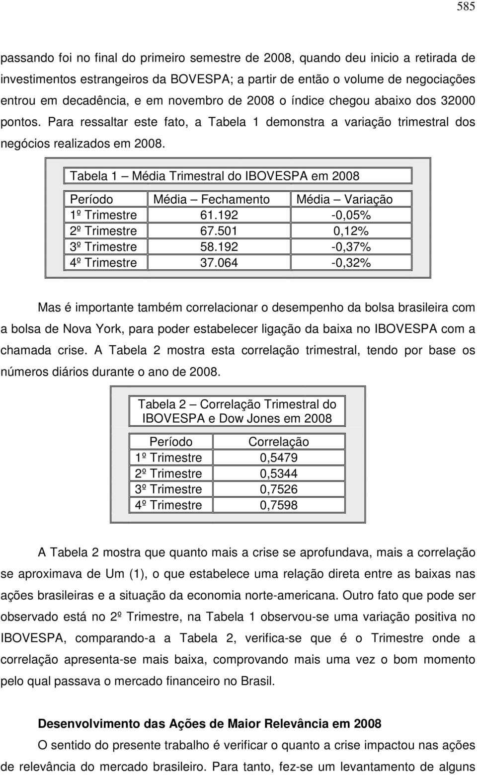 Tabela 1 Média Trimestral do IBOVESPA em 2008 Período Média Fechamento Média Variação 1º Trimestre 61.192-0,05% 2º Trimestre 67.501 0,12% 3º Trimestre 58.192-0,37% 4º Trimestre 37.