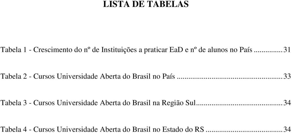 .. 31 Tabela 2 - Cursos Universidade Aberta do Brasil no País.