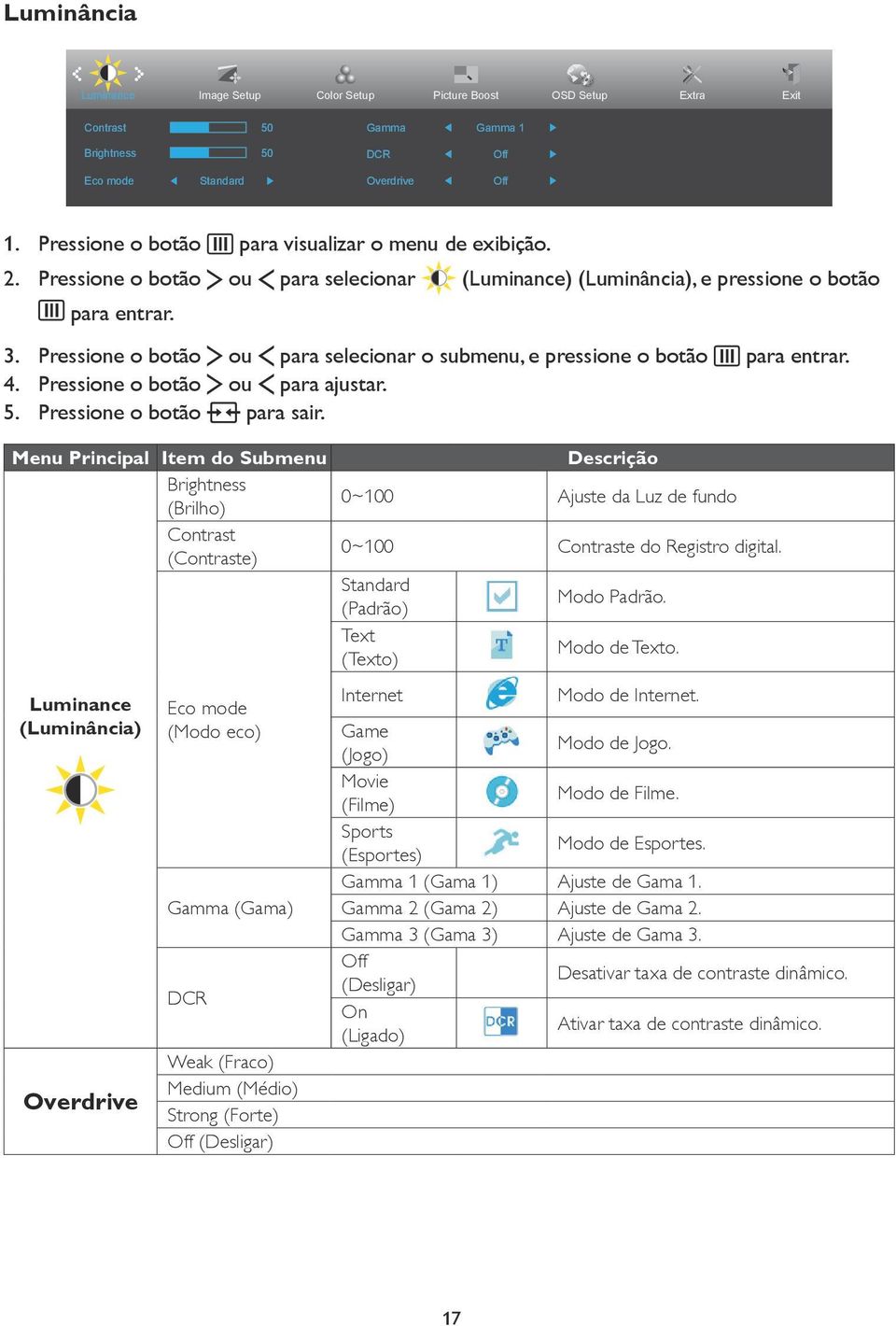 Pressione o botão ou para selecionar o submenu, e pressione o botão para entrar. 4. Pressione o botão ou para ajustar. 5. Pressione o botão para sair.