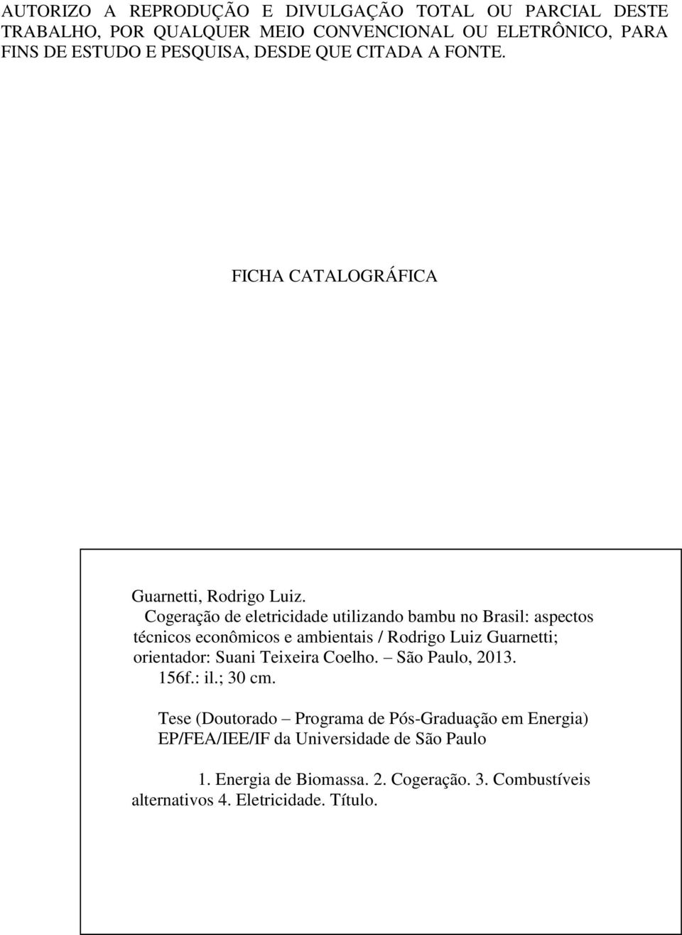 Cogeração de eletricidade utilizando bambu no Brasil: aspectos técnicos econômicos e ambientais / Rodrigo Luiz Guarnetti; orientador: Suani Teixeira