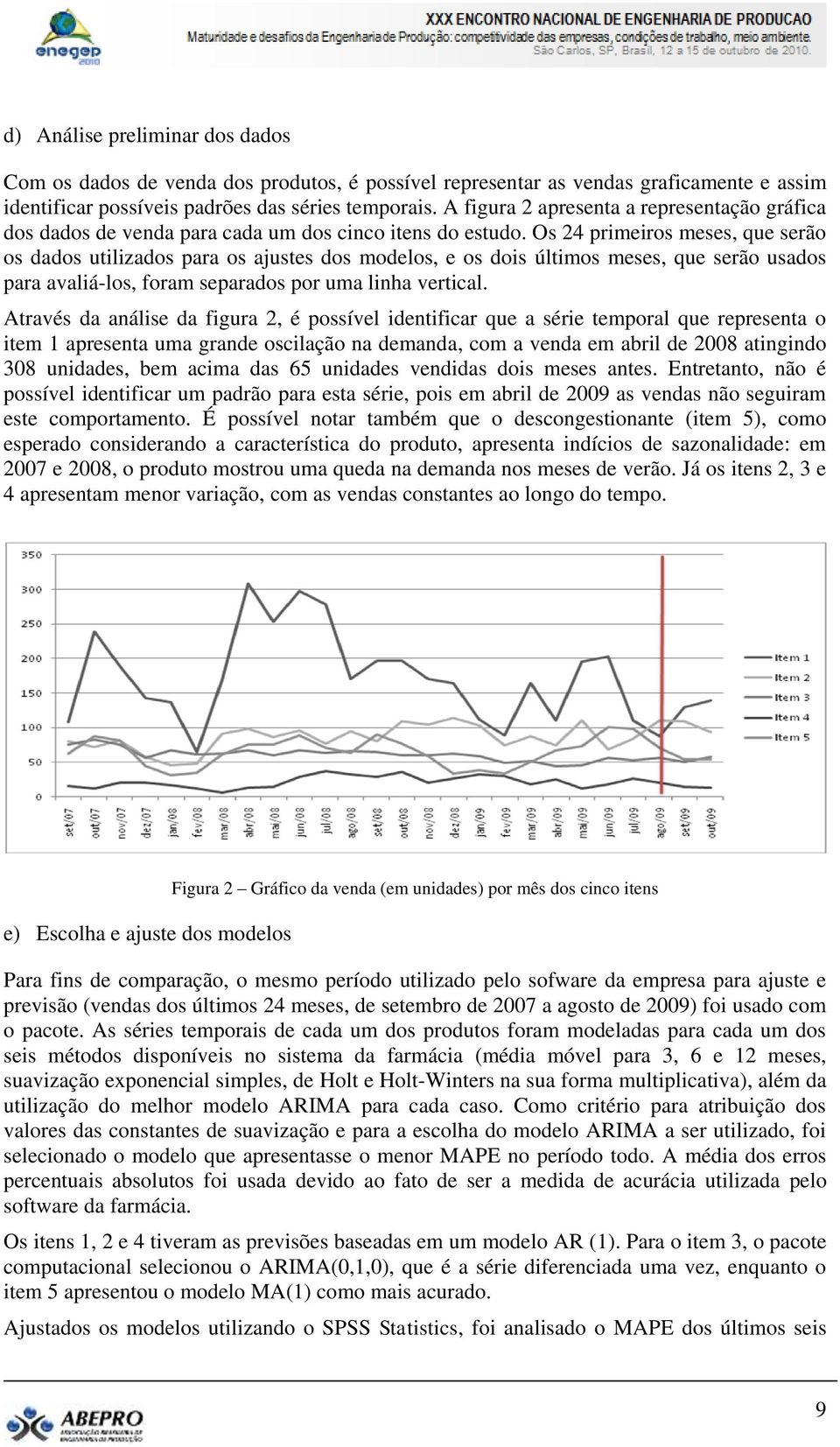 Os 24 primeiros meses, que serão os dados utilizados para os ajustes dos modelos, e os dois últimos meses, que serão usados para avaliá-los, foram separados por uma linha vertical.