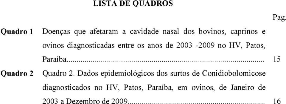 entre os anos de 2003-2009 no HV, Patos, Paraíba... 15 Quadro 2.