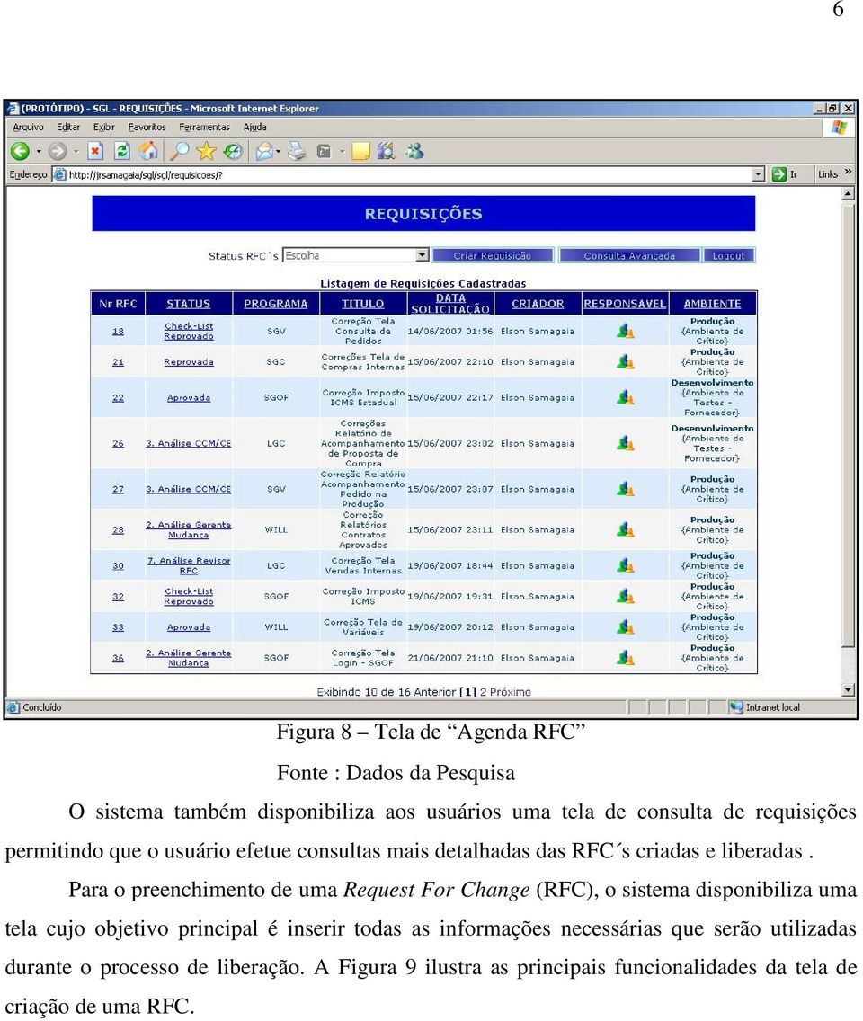 Para o preenchimento de uma Request For Change (RFC), o sistema disponibiliza uma tela cujo objetivo principal é inserir todas