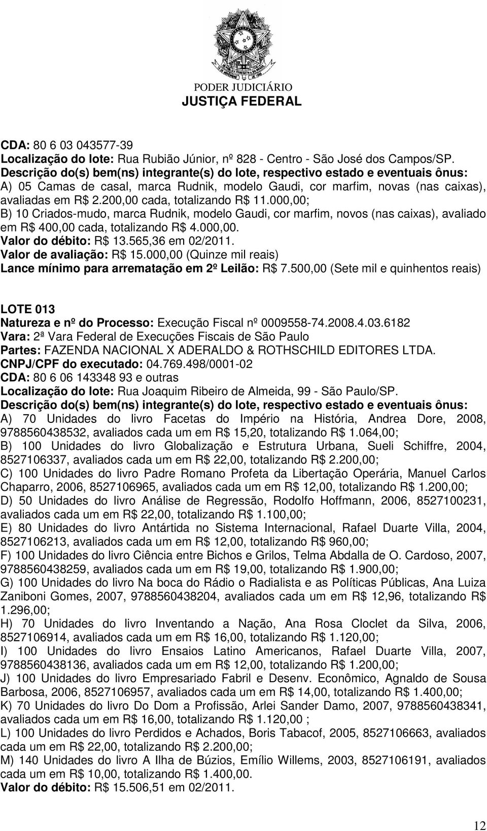 000,00; B) 10 Criados-mudo, marca Rudnik, modelo Gaudi, cor marfim, novos (nas caixas), avaliado em R$ 400,00 cada, totalizando R$ 4.000,00. Valor do débito: R$ 13.565,36 em 02/2011.