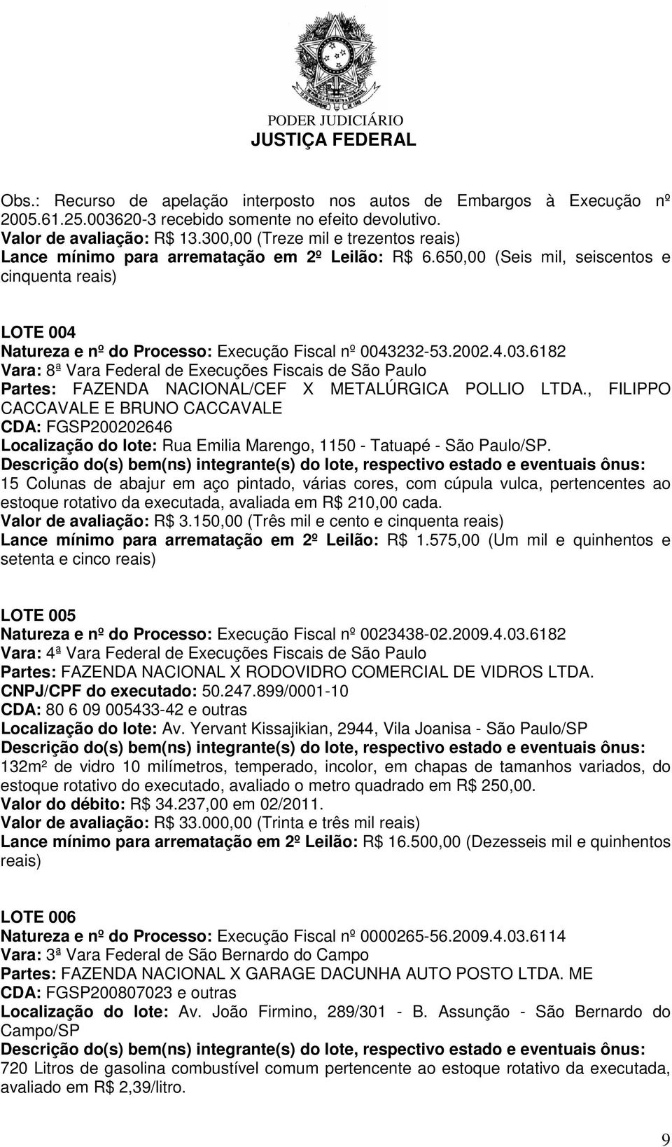 2002.4.03.6182 Vara: 8ª Vara Federal de Execuções Fiscais de São Paulo Partes: FAZENDA NACIONAL/CEF X METALÚRGICA POLLIO LTDA.