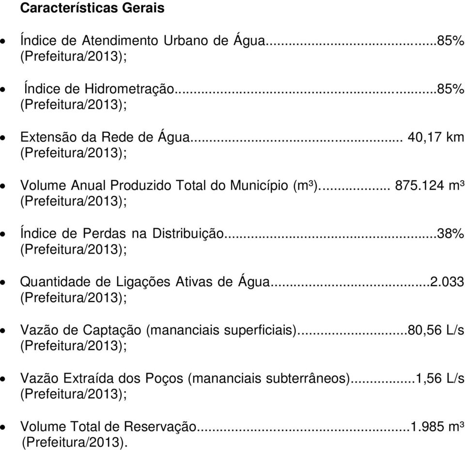 124 m³ (Prefeitura/2013); Índice de Perdas na Distribuição...38% (Prefeitura/2013); Quantidade de Ligações Ativas de Água...2.033 (Prefeitura/2013); Vazão de Captação (mananciais superficiais).