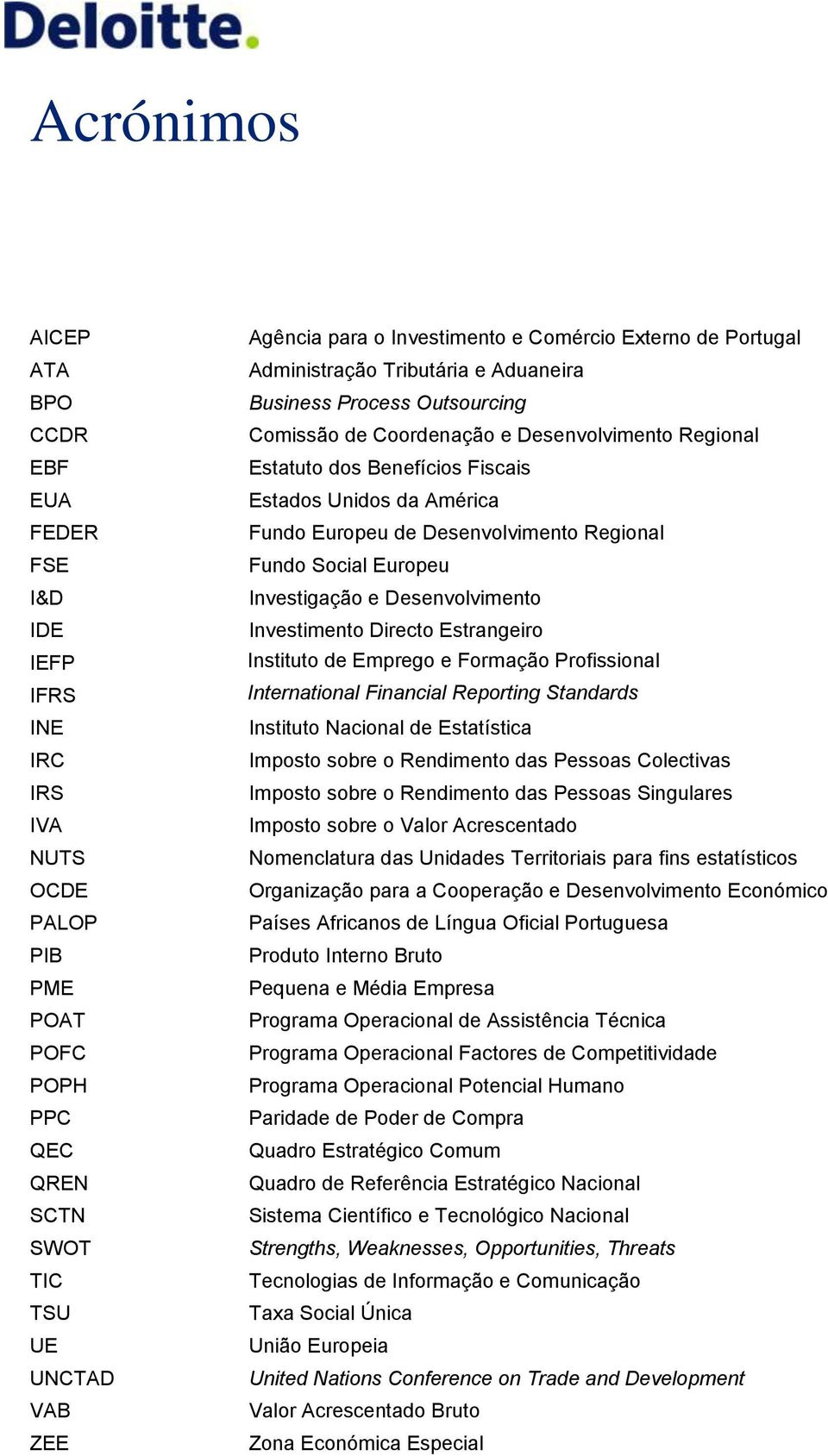 América Fundo Europeu de Desenvolvimento Regional Fundo Social Europeu Investigação e Desenvolvimento Investimento Directo Estrangeiro Instituto de Emprego e Formação Profissional International