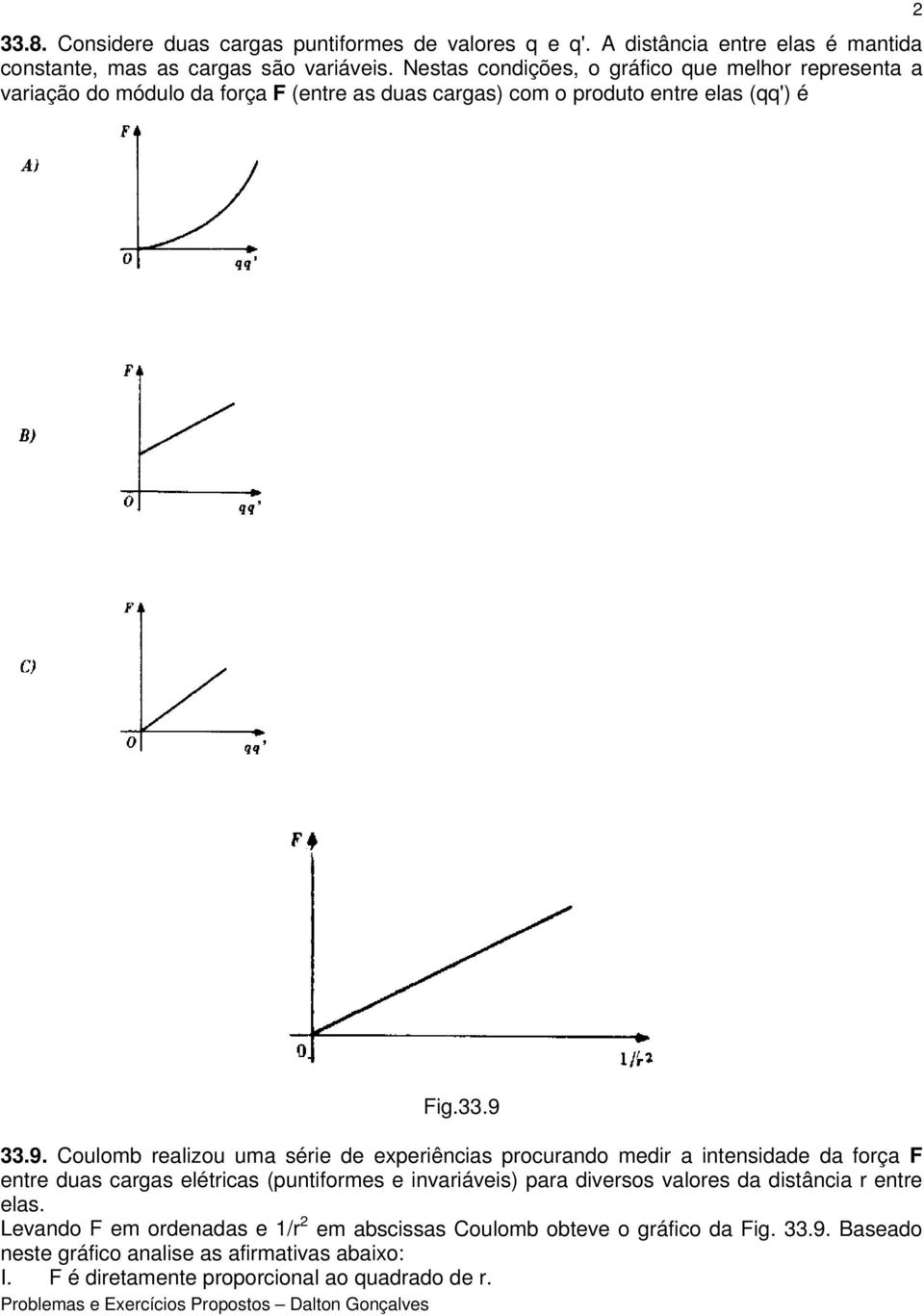 33.9. Coulomb realizou uma série de experiências procurando medir a intensidade da força F entre duas cargas elétricas (puntiformes e invariáveis) para diversos