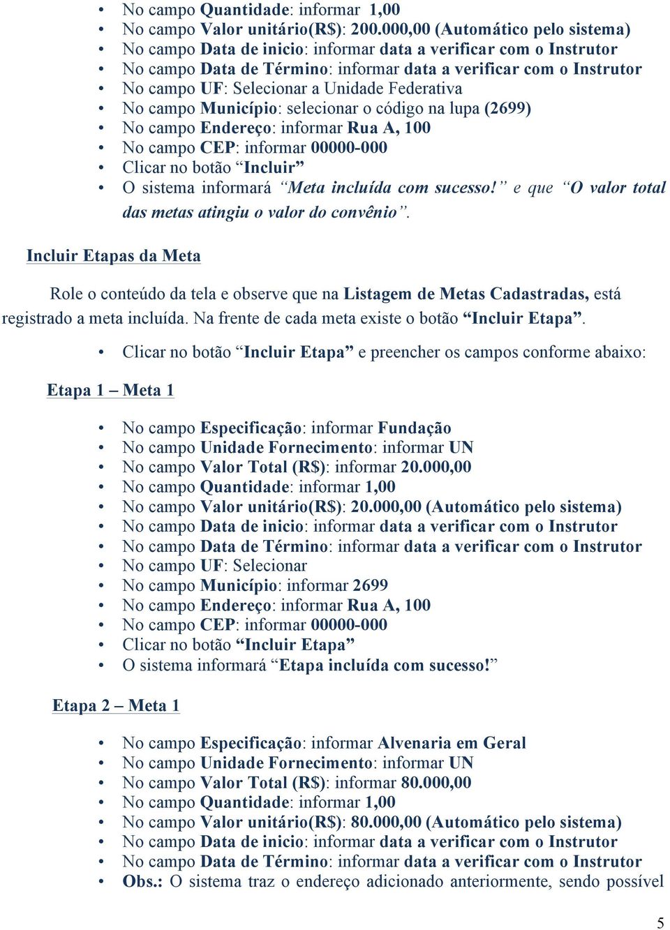 Unidade Federativa No campo Município: selecionar o código na lupa (2699) No campo Endereço: informar Rua A, 100 No campo CEP: informar 00000-000 Clicar no botão Incluir O sistema informará Meta