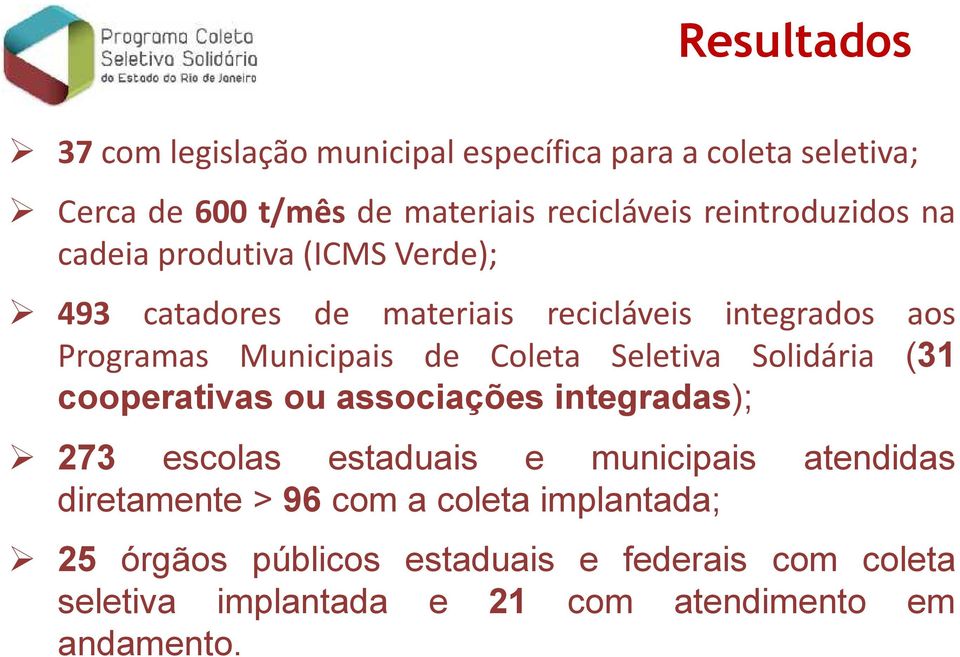 Coleta Seletiva Solidária (31 cooperativas ou associações integradas); 273 escolas estaduais e municipais atendidas