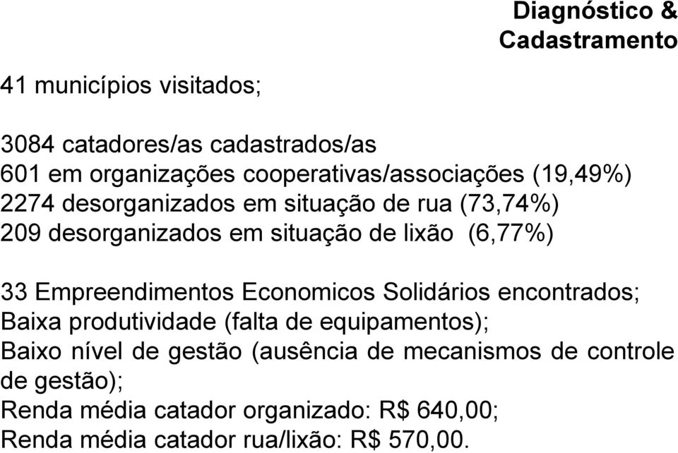 (6,77%) 33 Empreendimentos Economicos Solidários encontrados; Baixa produtividade (falta de equipamentos); Baixo nível de