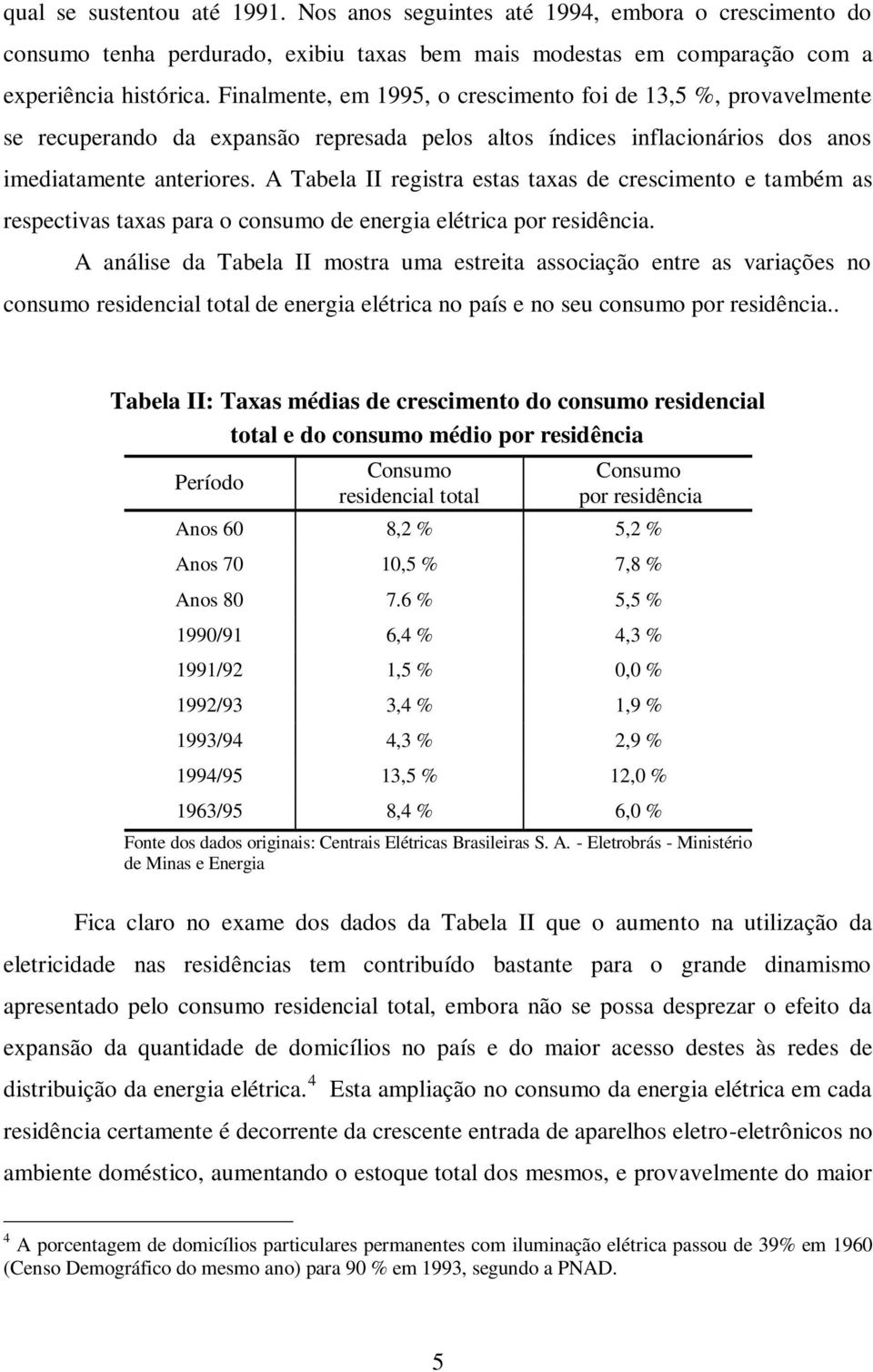 A Tabela II registra estas taxas de crescimento e também as respectivas taxas para o consumo de energia elétrica por residência.