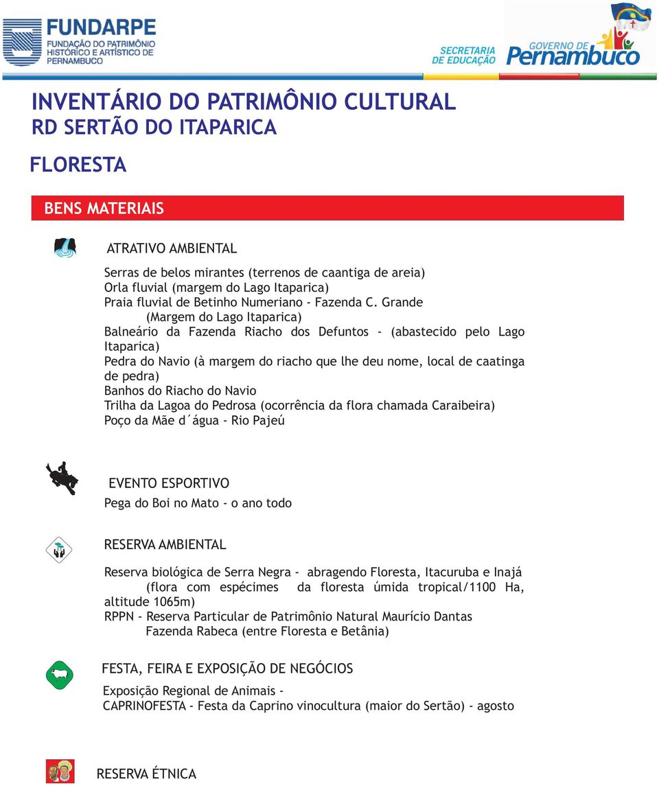 do Riacho do Navio Trilha da Lagoa do Pedrosa (ocorrência da flora chamada Caraibeira) Poço da Mãe d água - Rio Pajeú EVENTO ESPORTIVO Pega do Boi no Mato - o ano todo RESERVA AMBIENTAL Reserva