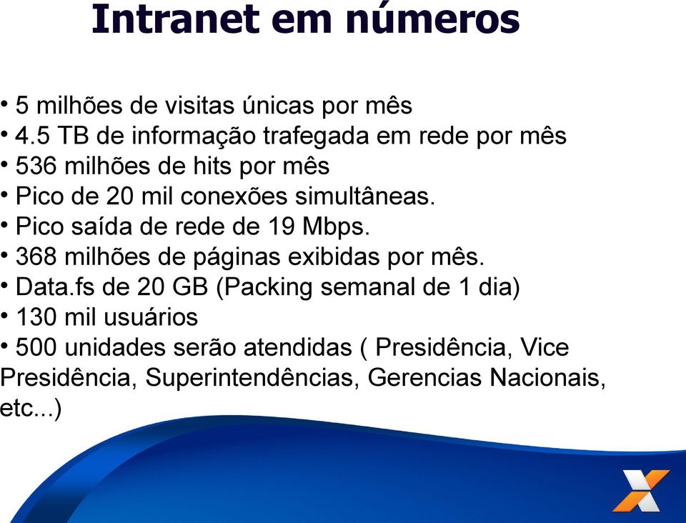 simultâneas. Pico saída de rede de 19 Mbps. 368 milhões de páginas exibidas por mês. Data.