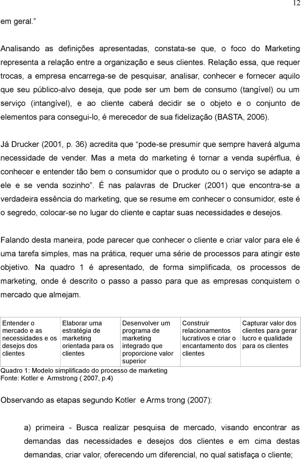 (intangível), e ao cliente caberá decidir se o objeto e o conjunto de elementos para consegui-lo, é merecedor de sua fidelização (BASTA, 2006). Já Drucker (2001, p.