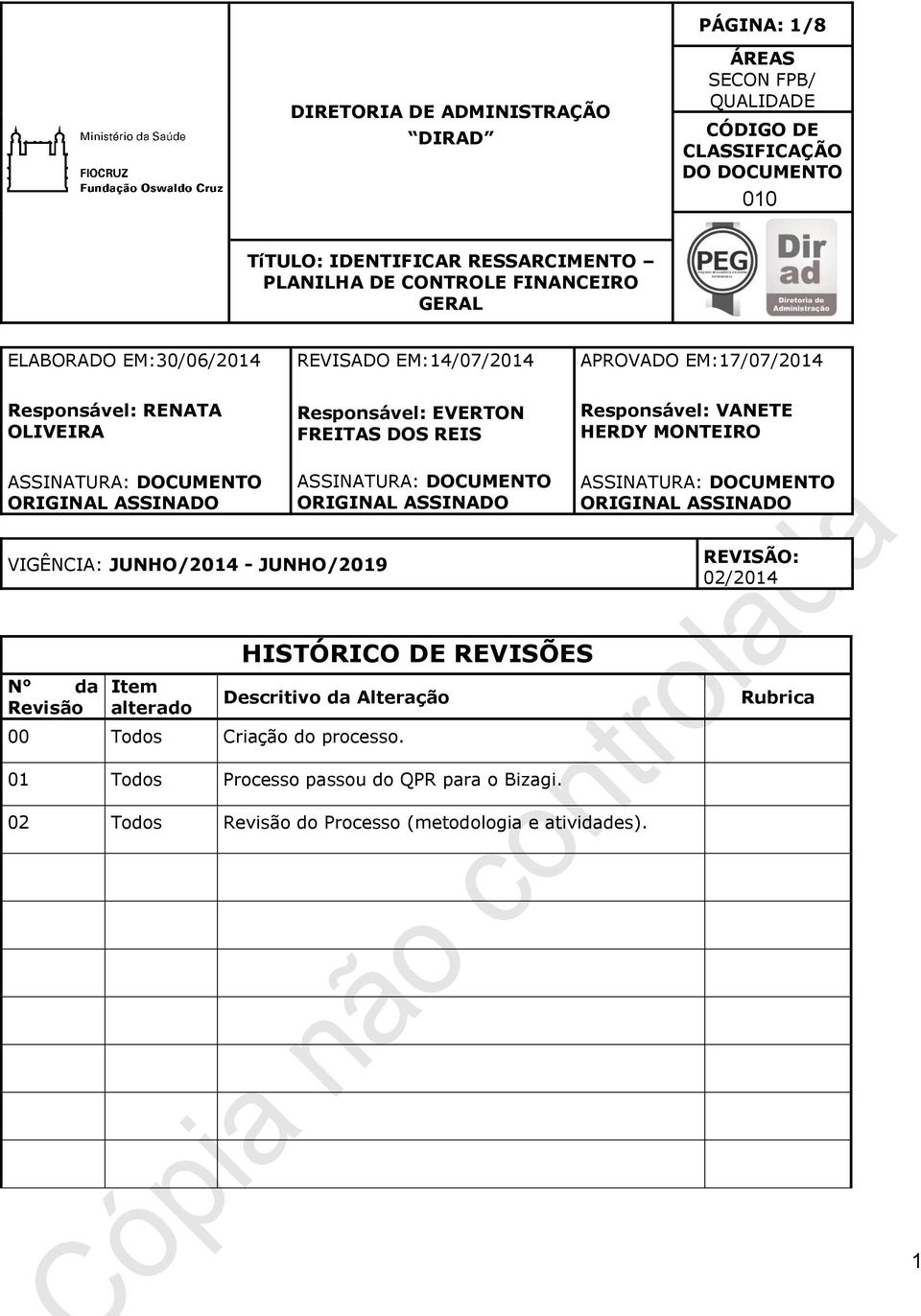 DOCUMENTO ORIGINAL ASSINADO ASSINATURA: DOCUMENTO ORIGINAL ASSINADO ASSINATURA: DOCUMENTO ORIGINAL ASSINADO VIGÊNCIA: JUNHO/2014 - JUNHO/2019 REVISÃO: 02/2014 N da Revisão Item alterado