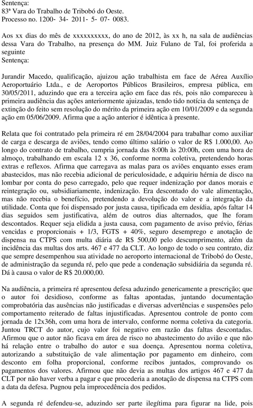 Juiz Fulano de Tal, foi proferida a seguinte Sentença: Jurandir Macedo, qualificação, ajuizou ação trabalhista em face de Aérea Auxílio Aeroportuário Ltda.