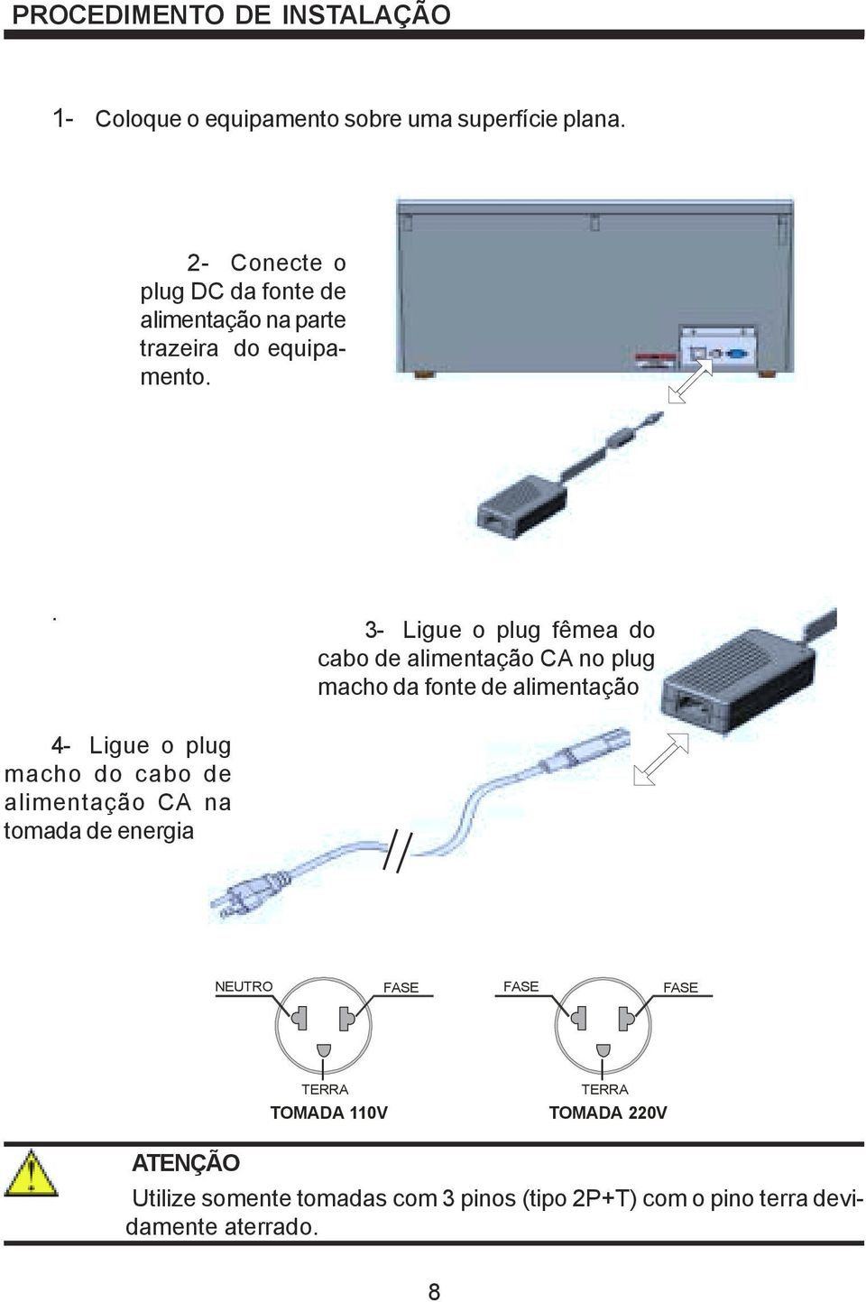 . 3- Ligue o plug fêmea do cabo de alimentação CA no plug macho da fonte de alimentação 4- Ligue o plug macho do cabo