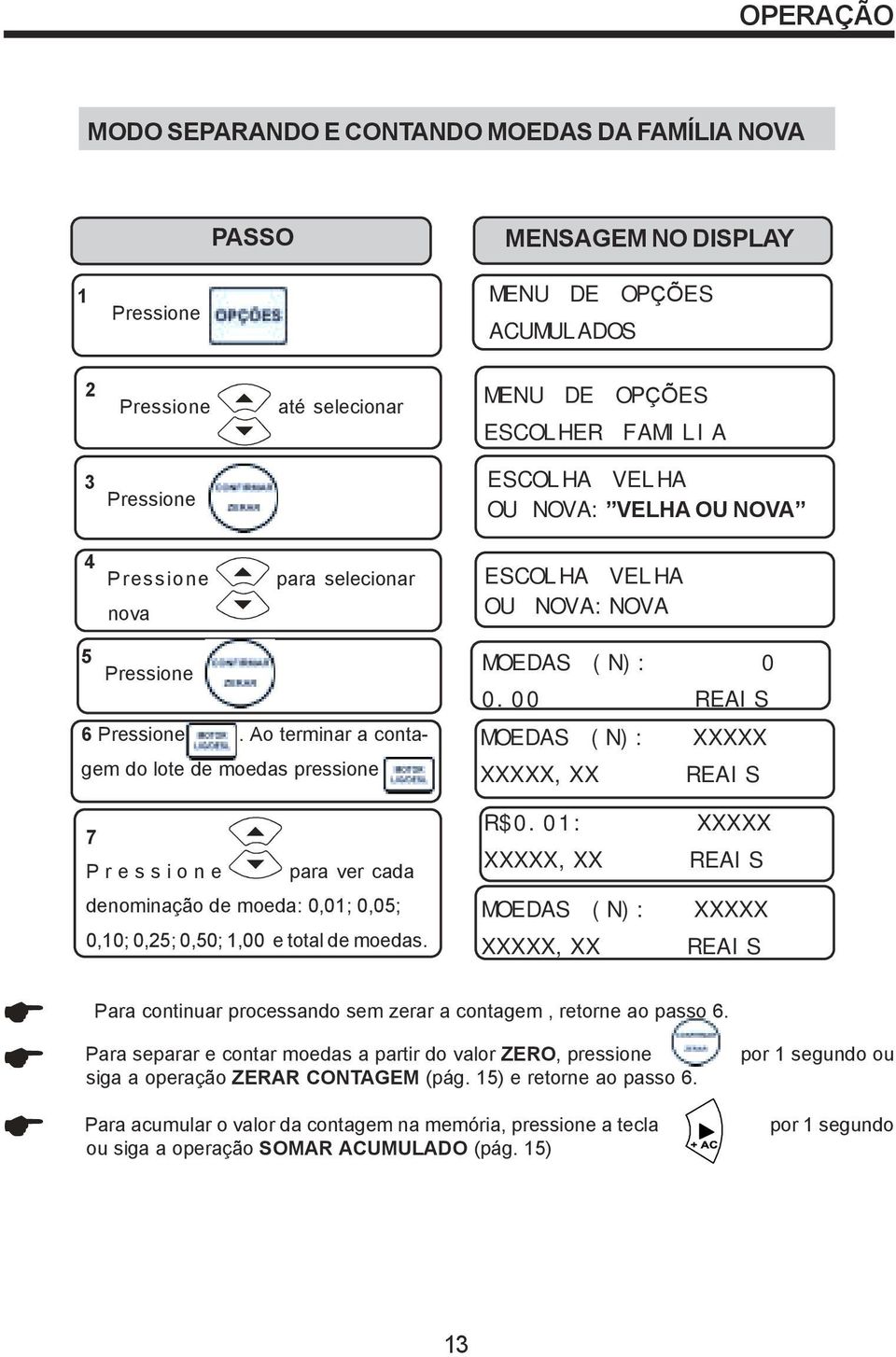 01: XXXXX,XX XXXXX REAIS denominação de moeda: 0,01; 0,05; 0,10; 0,25; 0,50; 1,00 e total de moedas.