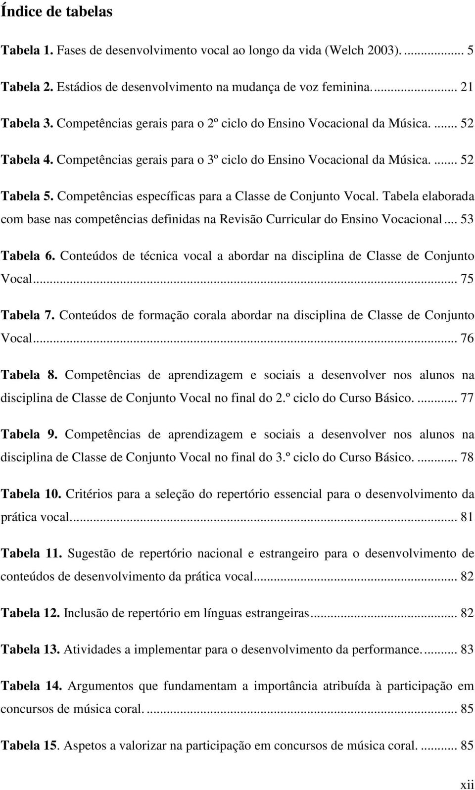 Competências específicas para a Classe de Conjunto Vocal. Tabela elaborada com base nas competências definidas na Revisão Curricular do Ensino Vocacional... 53 Tabela 6.