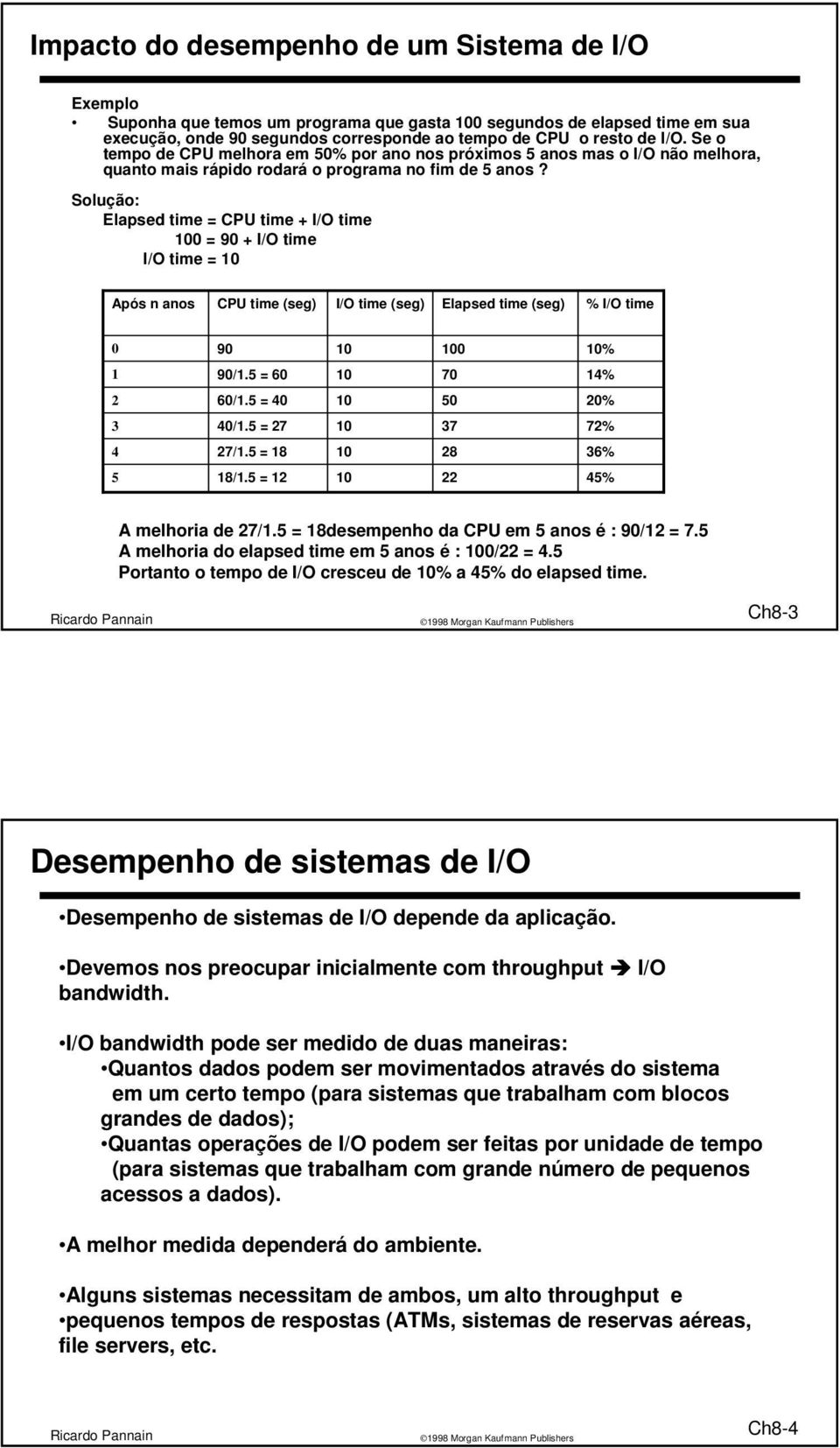 Solução: Elapsed time = CPU time + time 100 = 90 + time time = 10 Após n anos CPU time (seg) time (seg) Elapsed time (seg) % time 0 90 10 100 10% 1 90/1.5 = 60 10 70 14% 2 60/1.