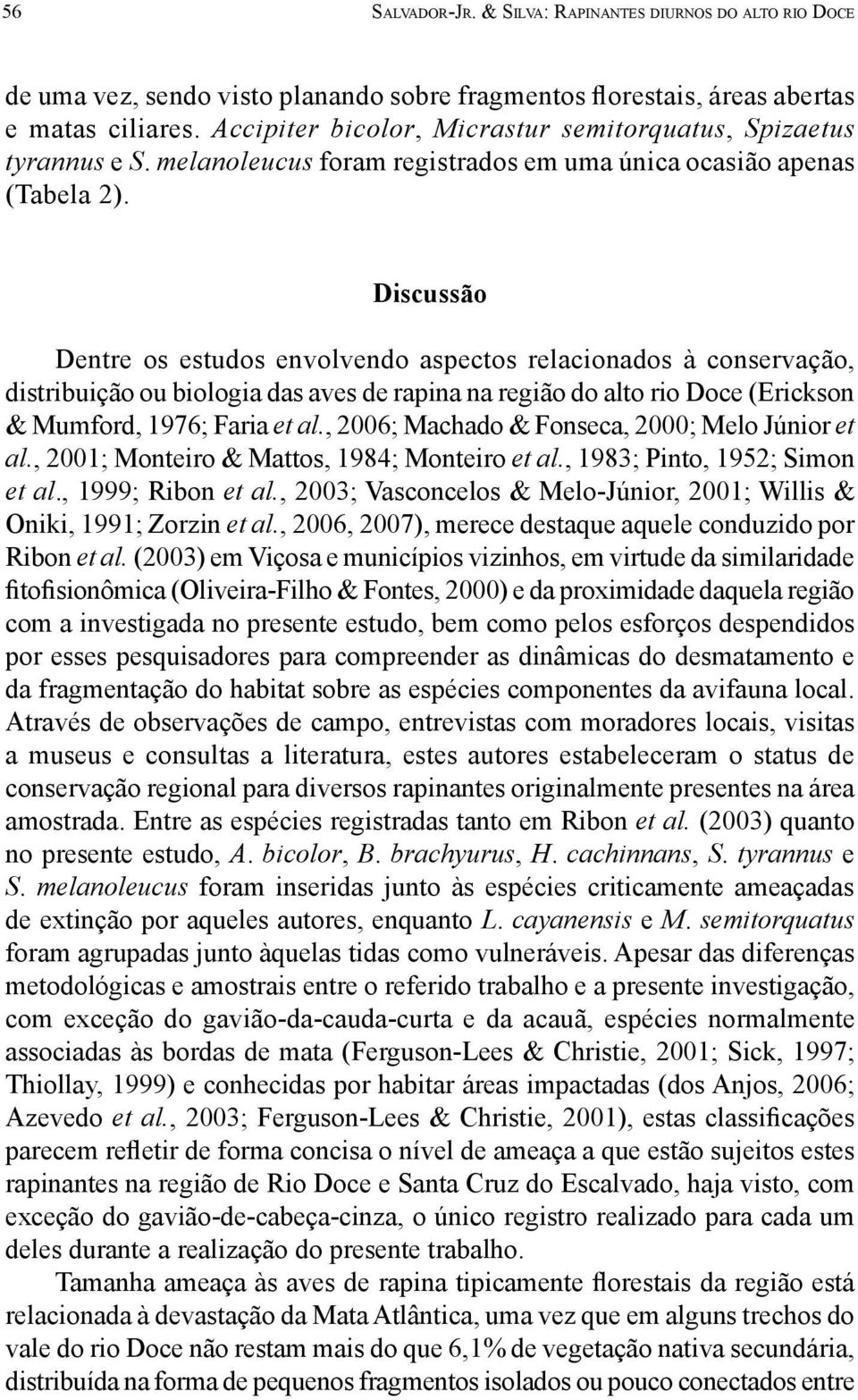 Discussão Dentre os estudos envolvendo aspectos relacionados à conservação, distribuição ou biologia das aves de rapina na região do alto rio Doce (Erickson & Mumford, 1976; Faria et al.