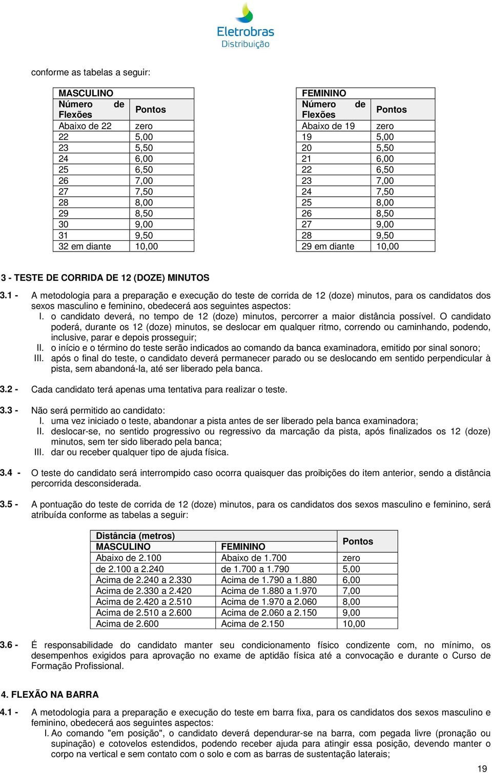 1 - A metodologia para a preparação e execução do teste de corrida de 12 (doze) minutos, para os candidatos dos sexos masculino e feminino, obedecerá aos seguintes aspectos: I.