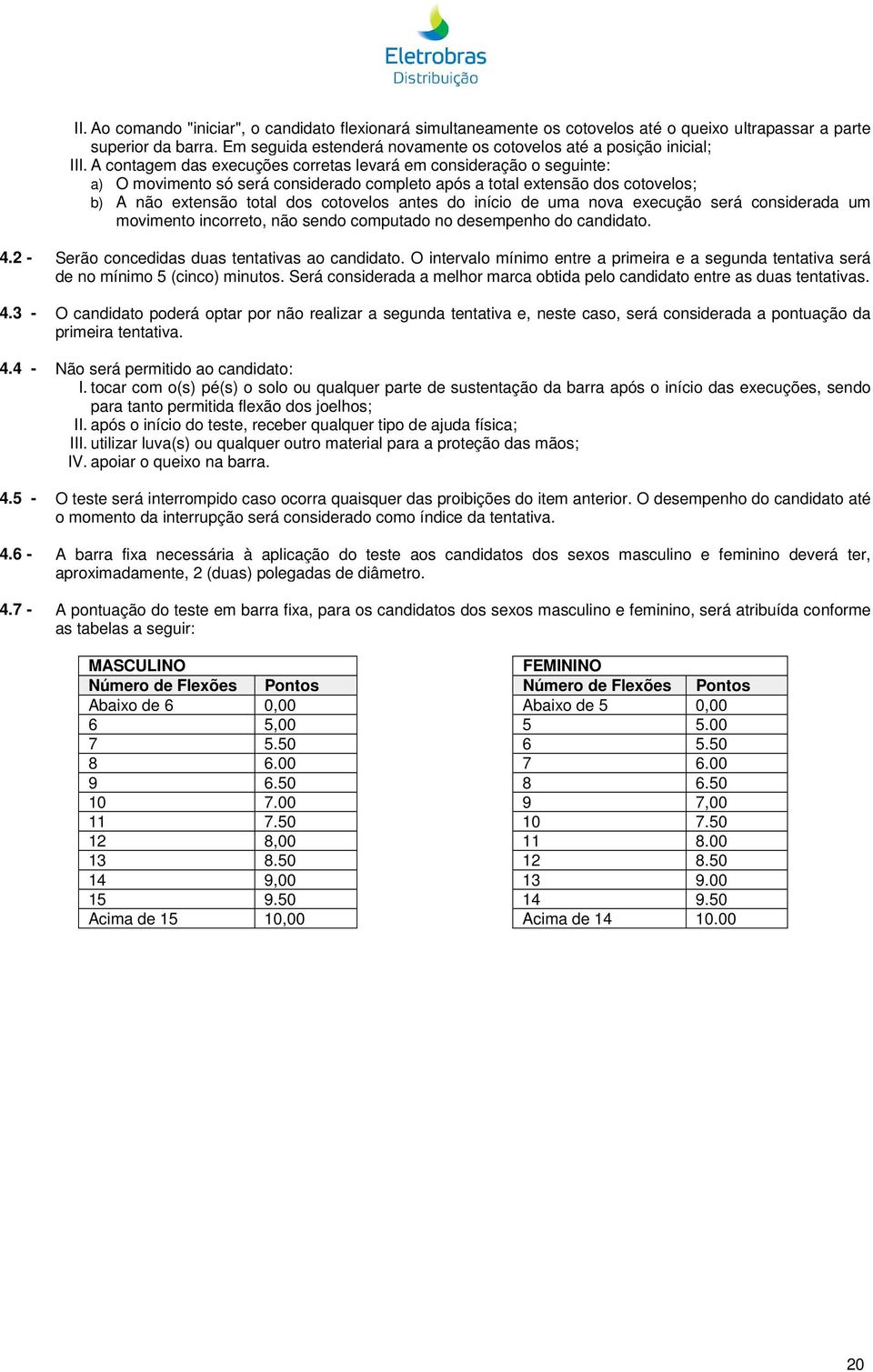 A contagem das execuções corretas levará em consideração o seguinte: a) O movimento só será considerado completo após a total extensão dos cotovelos; b) A não extensão total dos cotovelos antes do