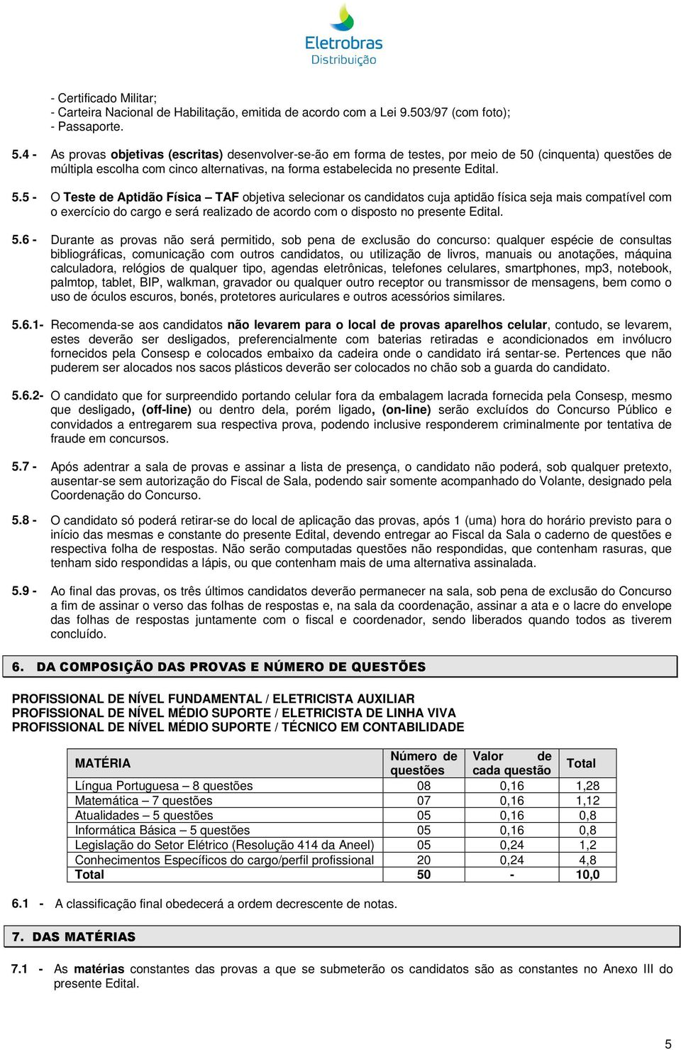 (cinquenta) questões de múltipla escolha com cinco alternativas, na forma estabelecida no presente Edital. 5.