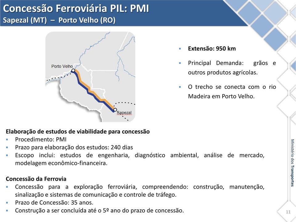 Elaboração de estudos de viabilidade para concessão Procedimento: PMI Prazo para elaboração dos estudos: 240 dias Escopo inclui: estudos de engenharia, diagnóstico