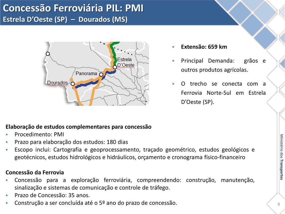 Elaboração de estudos complementares para concessão Procedimento: PMI Prazo para elaboração dos estudos: 180 dias Escopo inclui: Cartografia e geoprocessamento, traçado geométrico, estudos