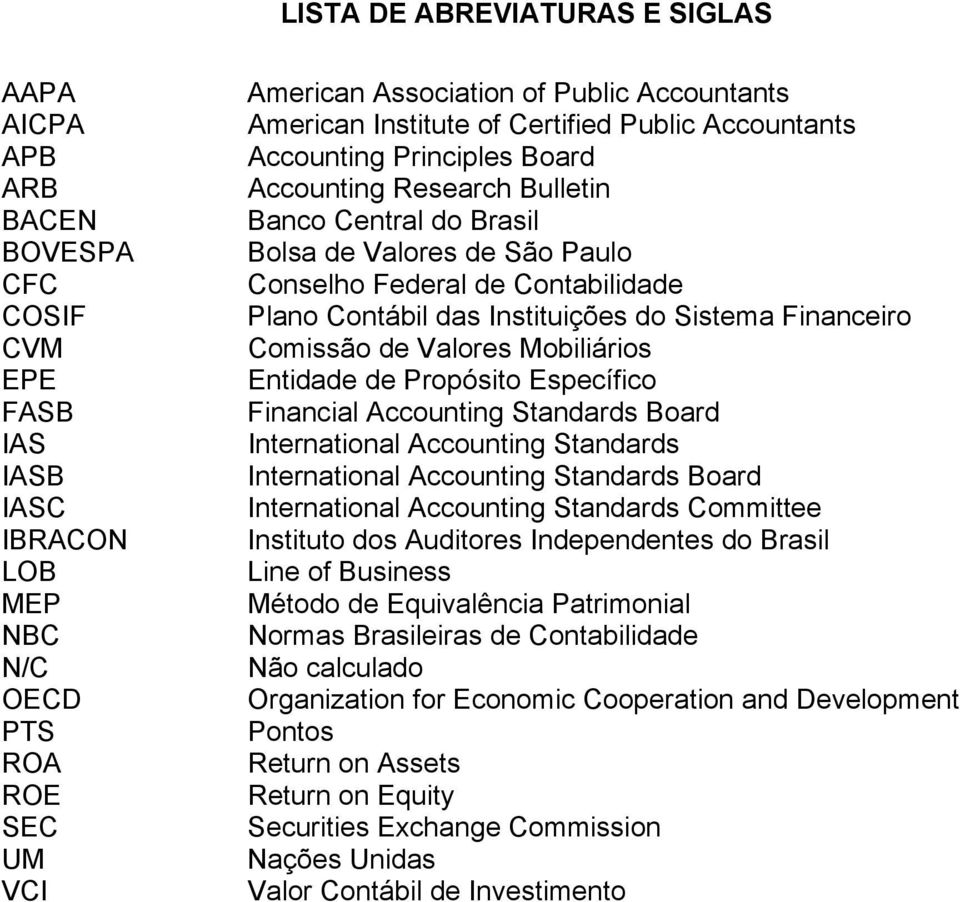 Plano Contábil das Instituições do Sistema Financeiro Comissão de Valores Mobiliários Entidade de Propósito Específico Financial Accounting Standards Board International Accounting Standards