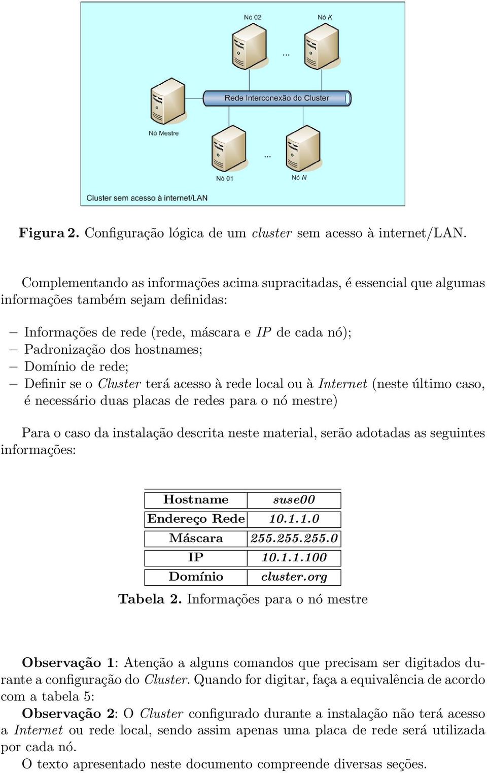 de rede; Definir se o Cluster terá acesso à rede local ou à Internet (neste último caso, é necessário duas placas de redes para o nó mestre) Para o caso da instalação descrita neste material, serão