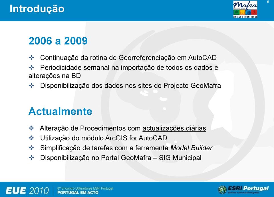 GeoMafra Actualmente Alteração de Procedimentos com actualizações diárias Utilização do módulo ArcGIS