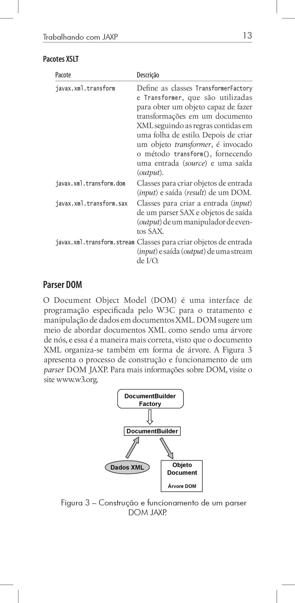 estilo. Depois de criar um objeto transformer, é invocado o método transform(), fornecendo uma entrada (source) e uma saída (output). javax.xml.transform.dom Classes para criar objetos de entrada (input) e saída (result) de um DOM.