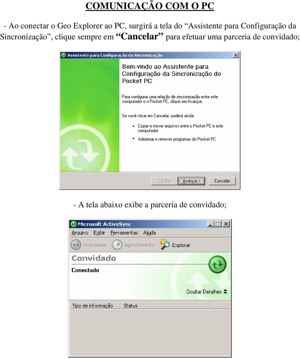 Sincronização, clique sempre em Cancelar para efetuar uma