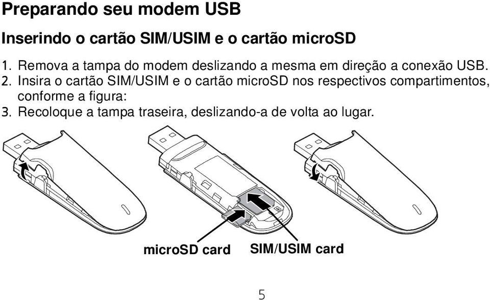 Insira o cartão SIM/USIM e o cartão microsd nos respectivos compartimentos,