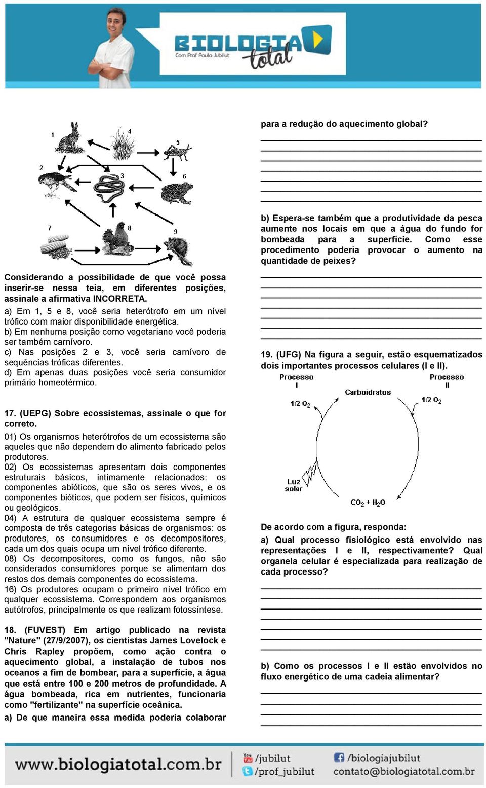 c) Nas posições 2 e 3, você seria carnívoro de sequências tróficas diferentes. d) Em apenas duas posições você seria consumidor primário homeotérmico.