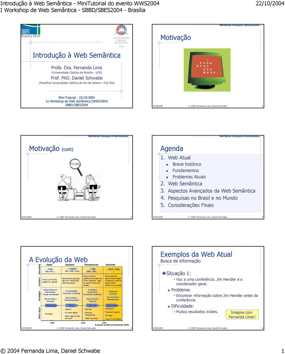 2004 Fernanda Lima, Daniel Schwabe 2 MiniTutorial: Introdução à Web Semântica MiniTutorial: Introdução à Web Semântica Motivação (cont) Agenda 1.