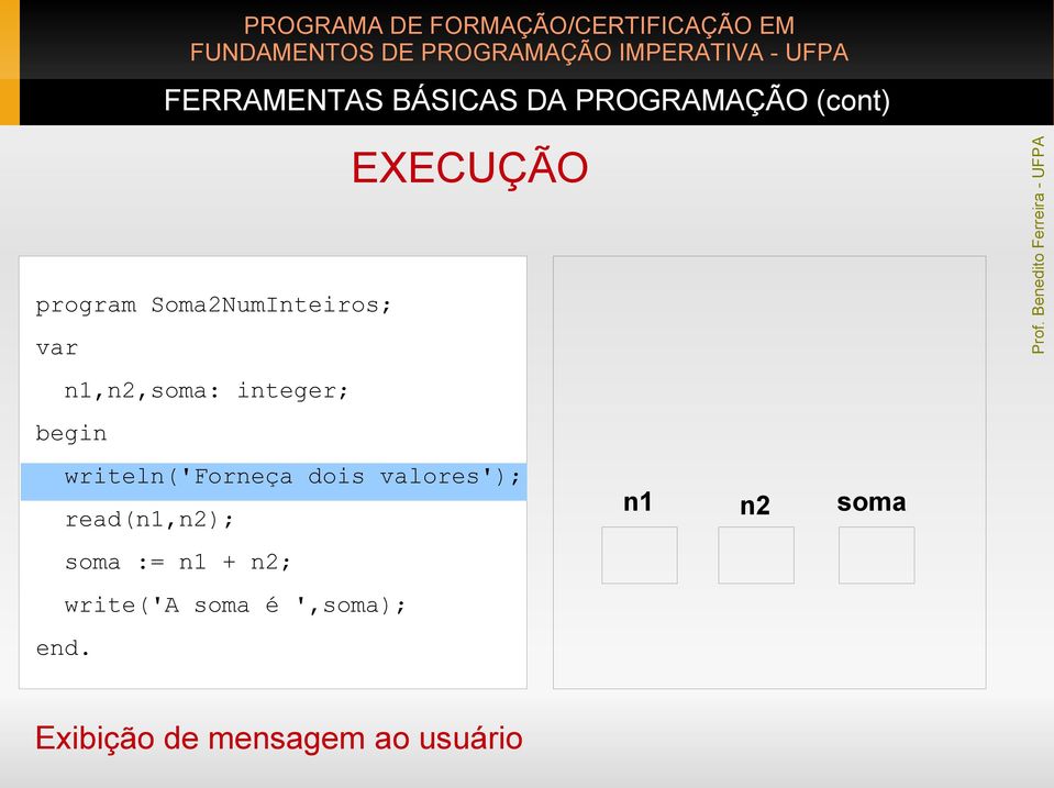 read(n1,n2); soma := n1 + n2; write('a soma é