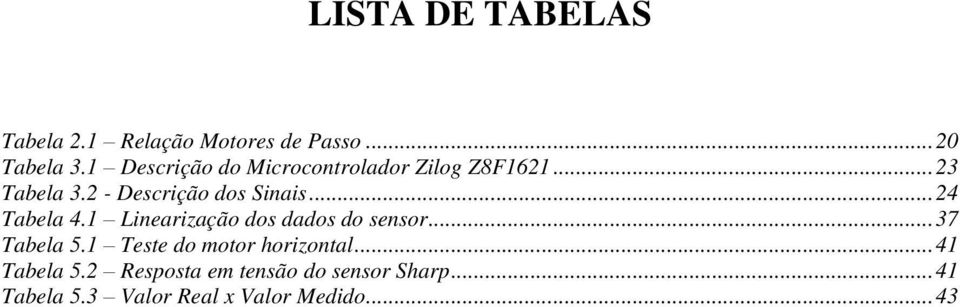 .. 24 Tabela 4.1 Linearização dos dados do sensor... 37 Tabela 5.