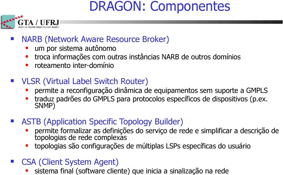 SNMP) ASTB (Application Specific Topology Builder) um por sistema autônomo troca informações com outras instâncias NARB de outros domínios roteamento inter-domínio