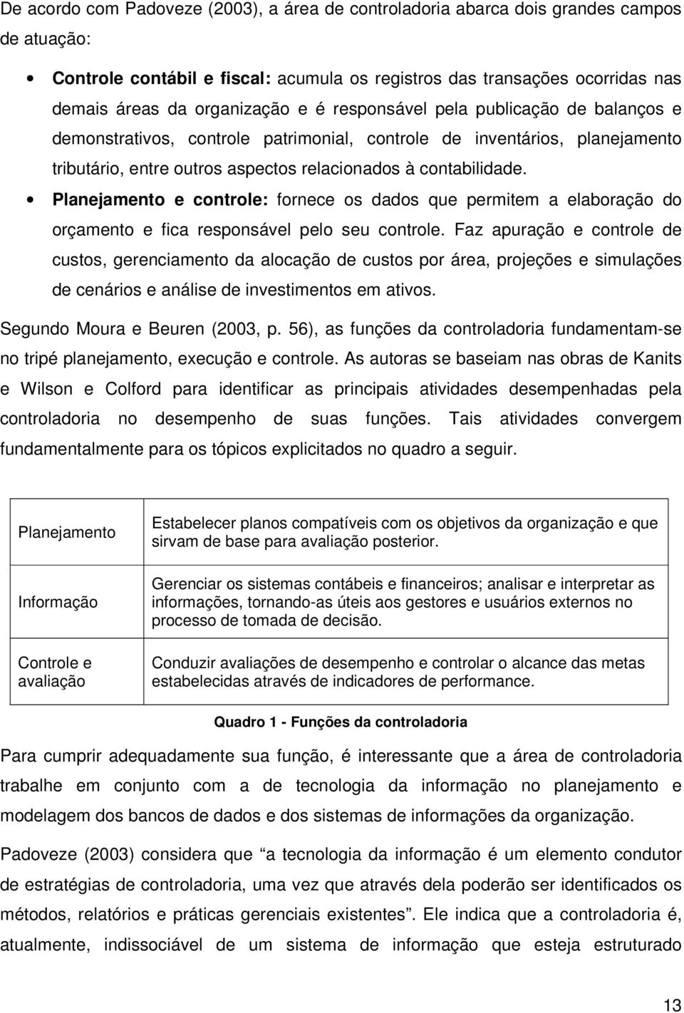 Planejamento e controle: fornece os dados que permitem a elaboração do orçamento e fica responsável pelo seu controle.